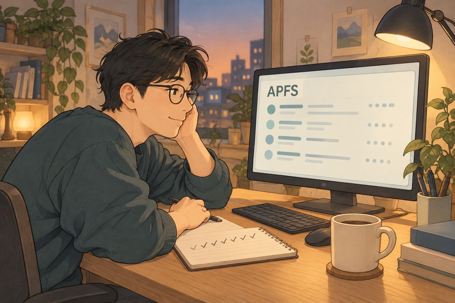 APFS 작업을 이어가는 개발자의 모습을 표현한 AI 생성 일러스트
